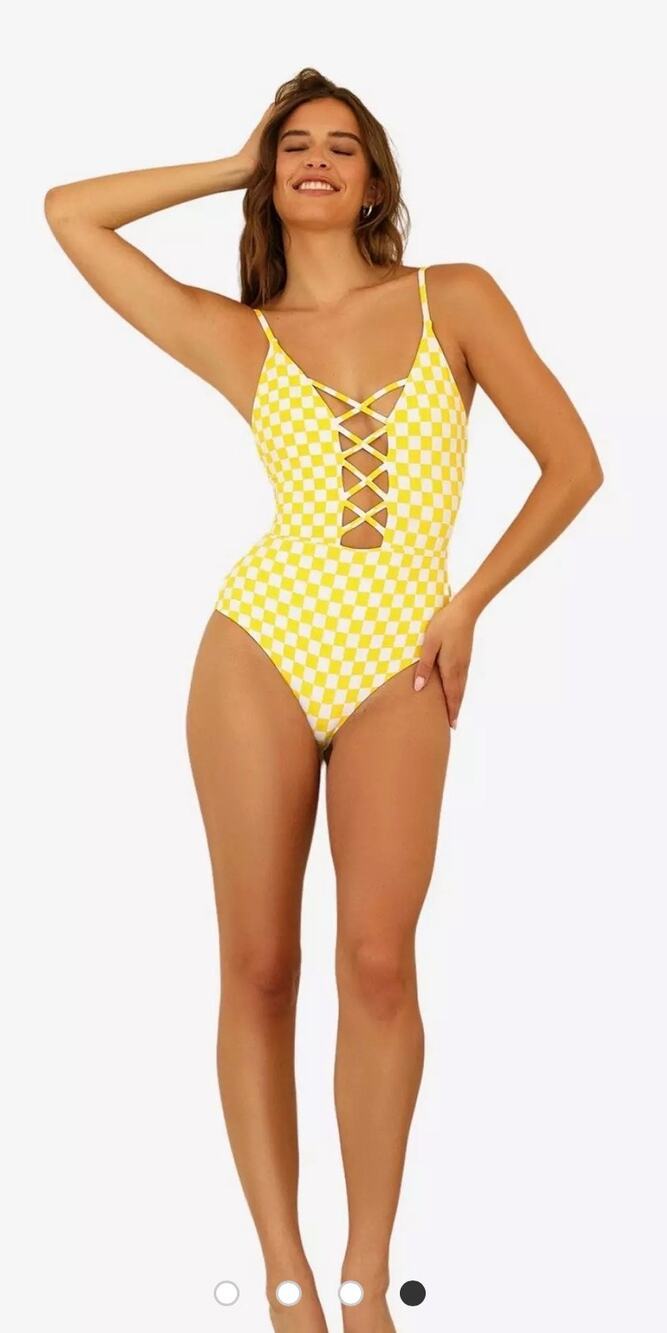 Dippin' Daisy's Bliss Swim One Piece Swimsuit Yellow Checkers Plaid Size Small